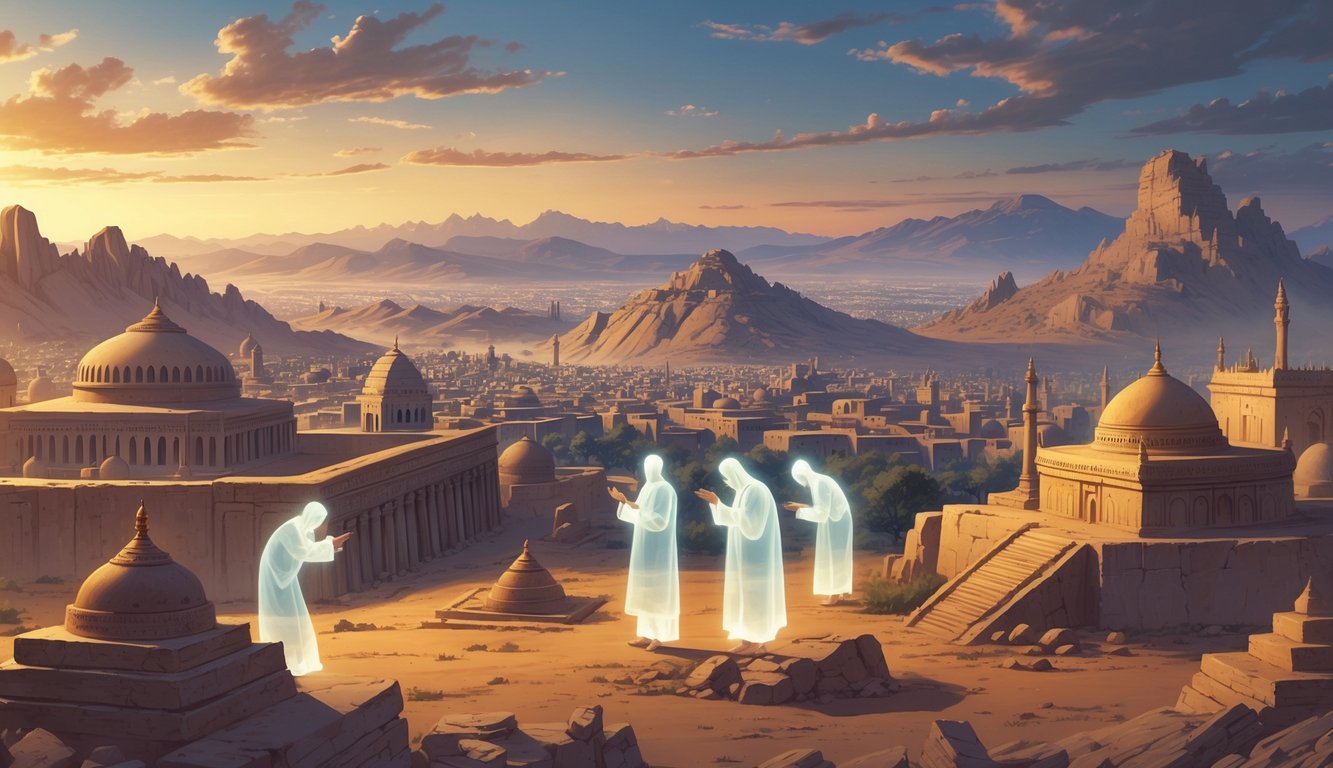 A panoramic view of Afghanistan showing ancient ruins, religious buildings, and modern cityscapes with figures examining artifacts, symbolizing historical and religious changes.