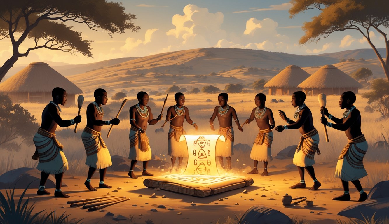 A group of Lemba people in traditional clothing performing cultural rituals around an ancient glowing artifact in a Zimbabwean landscape with huts and hills in the background.