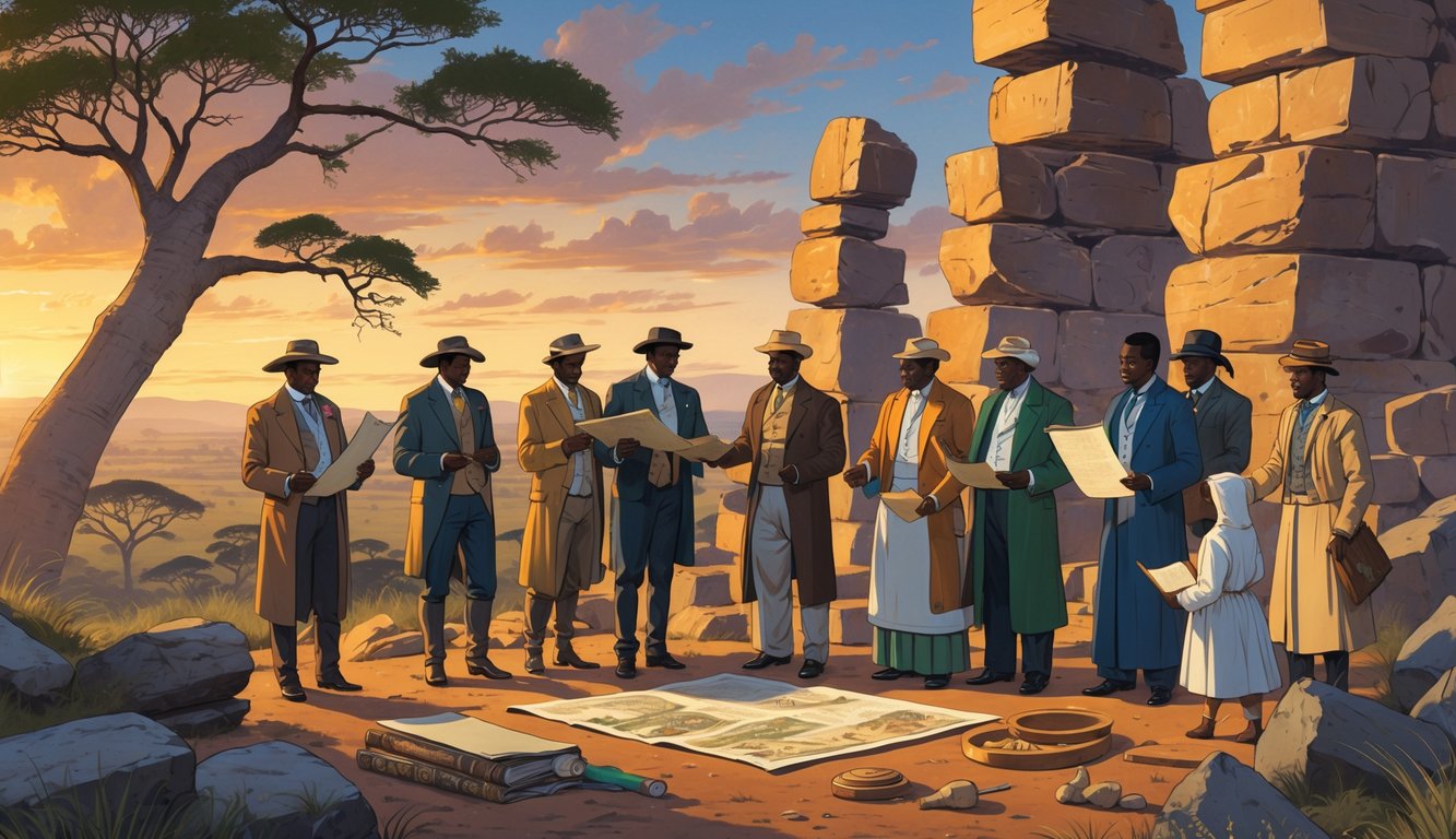 A group of historical figures examining ancient stone ruins and artifacts in a Zimbabwean landscape with baobab trees and a sunset.