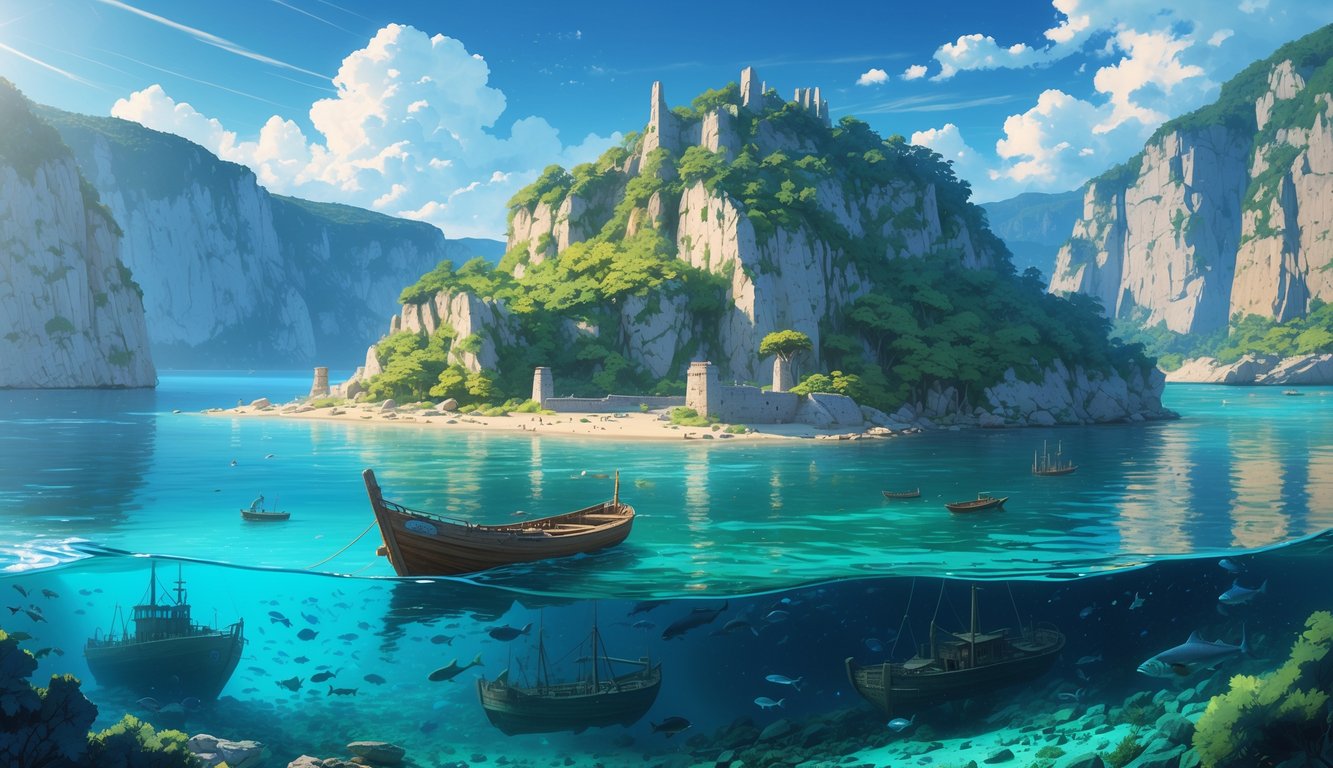 An unexplored island with cliffs, dense trees, ancient ruins, a wooden boat nearby, and underwater views of sunken ships and marine life.