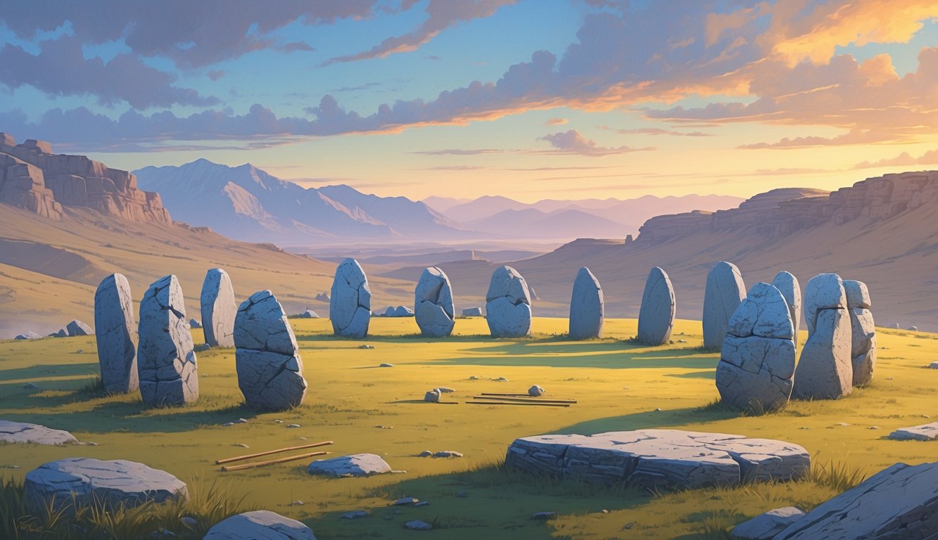 A circle of large standing stones on a grassy plateau with mountains in the background at dawn.
