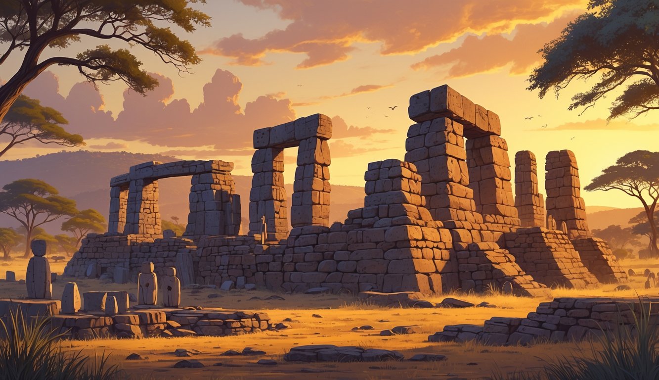 Ancient stone ruins of Great Zimbabwe surrounded by African landscape with archaeological artifacts and faint ghostly figures representing historical mysteries.