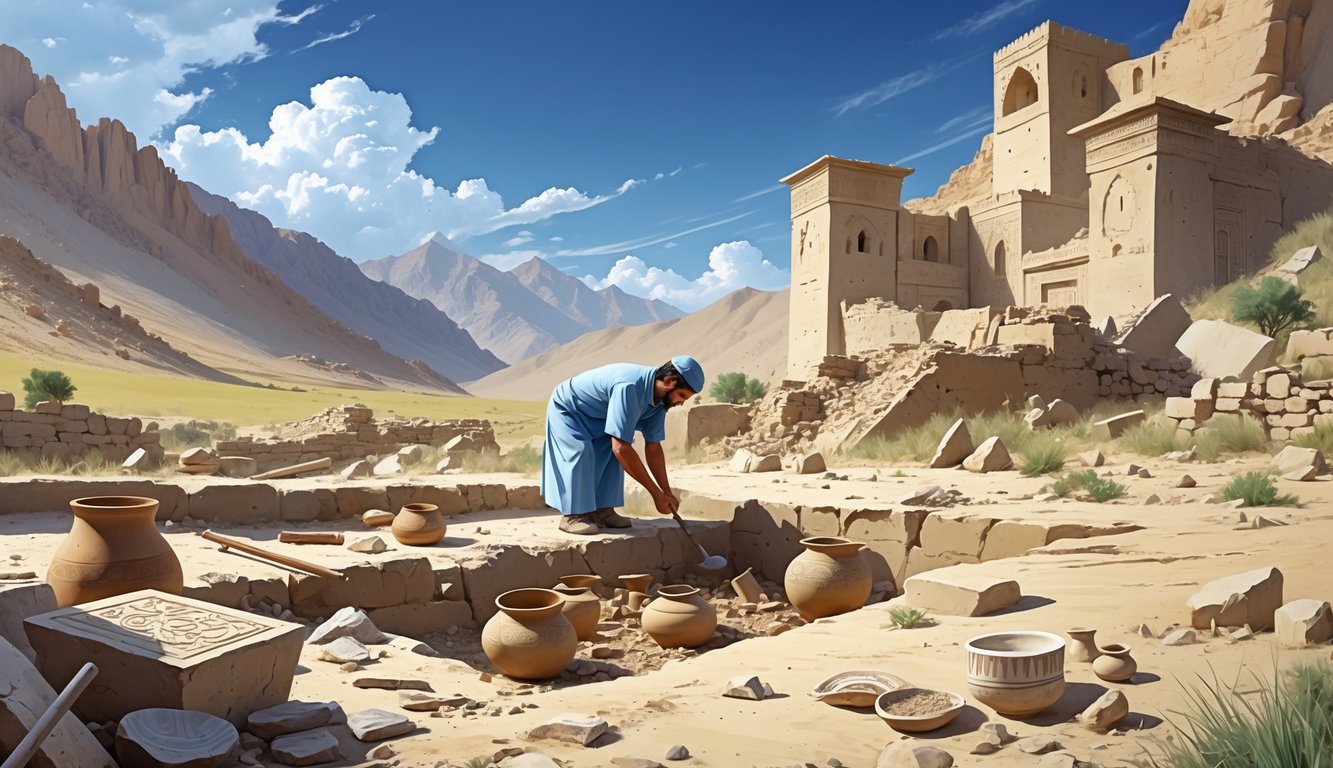 An archaeologist excavating ancient artifacts at a mountainous site with ruins in the background, representing the search for Afghanistan's cultural heritage.