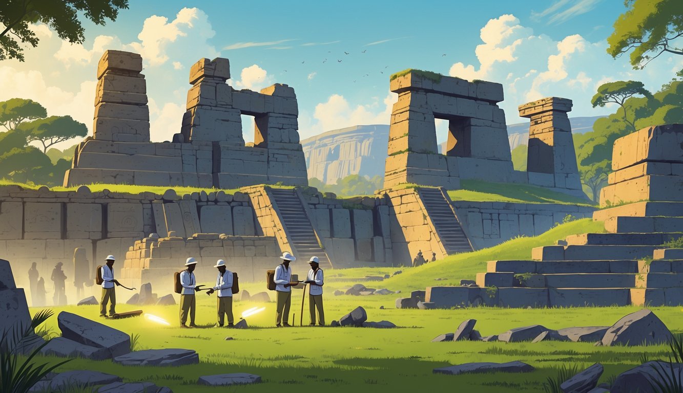 Ancient stone ruins of Great Zimbabwe with archaeologists examining artifacts in a green landscape, symbolizing historical mysteries and modern studies.