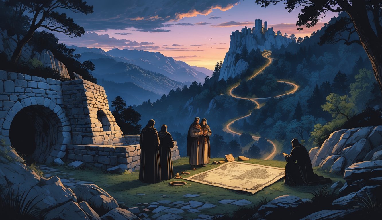 A mysterious ancient stone structure in the Pyrenees mountains with medieval figures examining artifacts near a hidden cave and a distant castle on a hill.