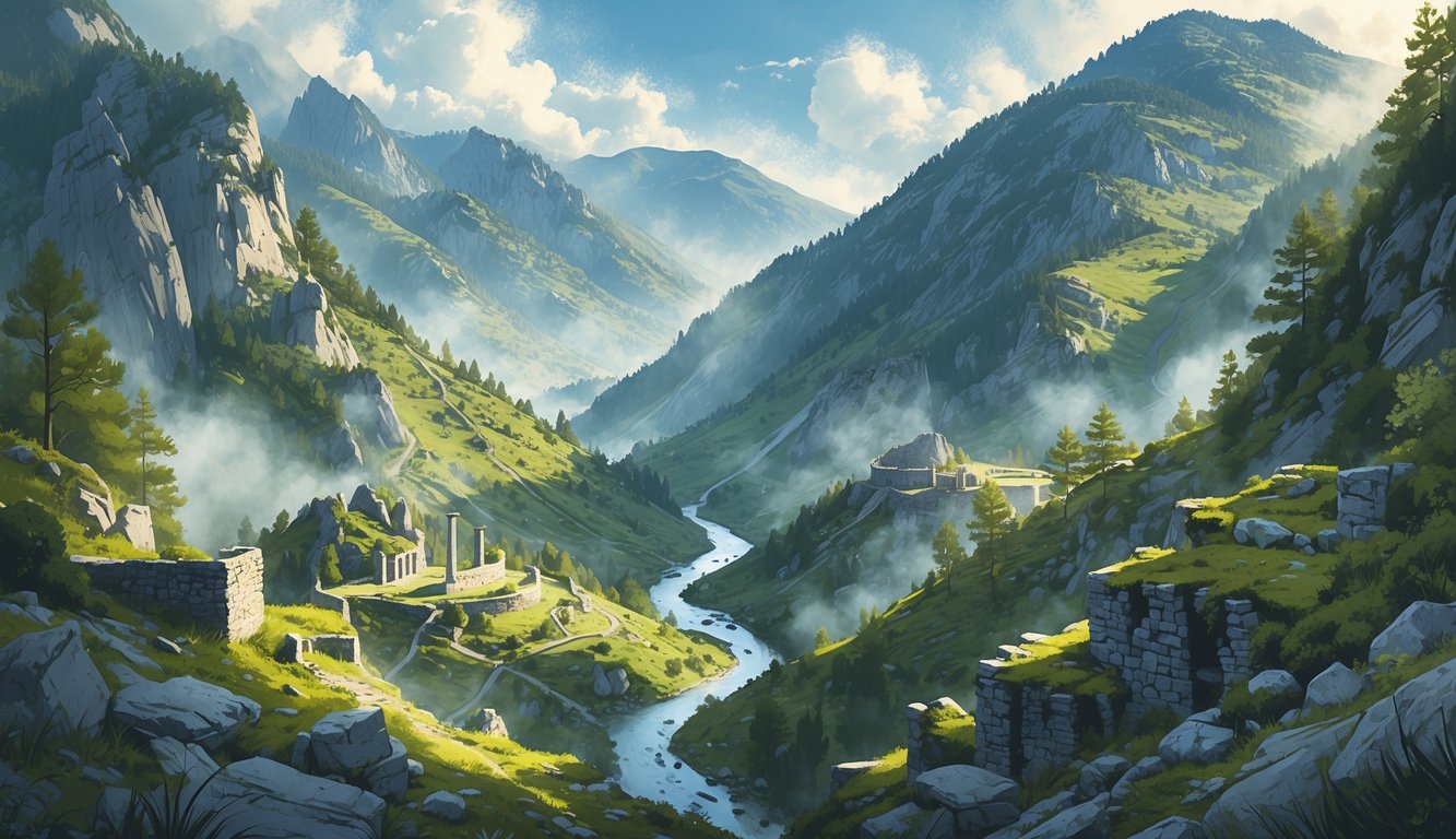 A misty mountainous valley in Andorra with dense forests, ancient stone ruins, and a winding river under soft sunlight.
