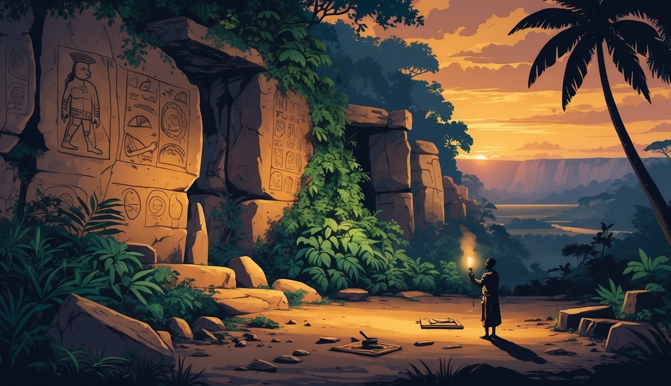 A scene showing ancient rock art, archaeological ruins, a person examining artifacts, and a map with symbols, all set in Angola's natural landscape.