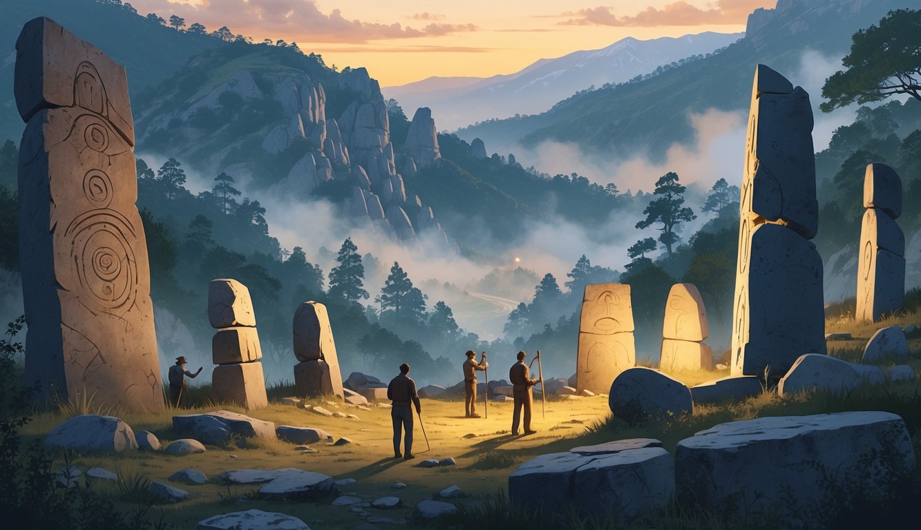 Ancient stone monuments in a mountainous landscape with forests and mist, with archaeologists examining the site and faint figures of ancient people near the stones.