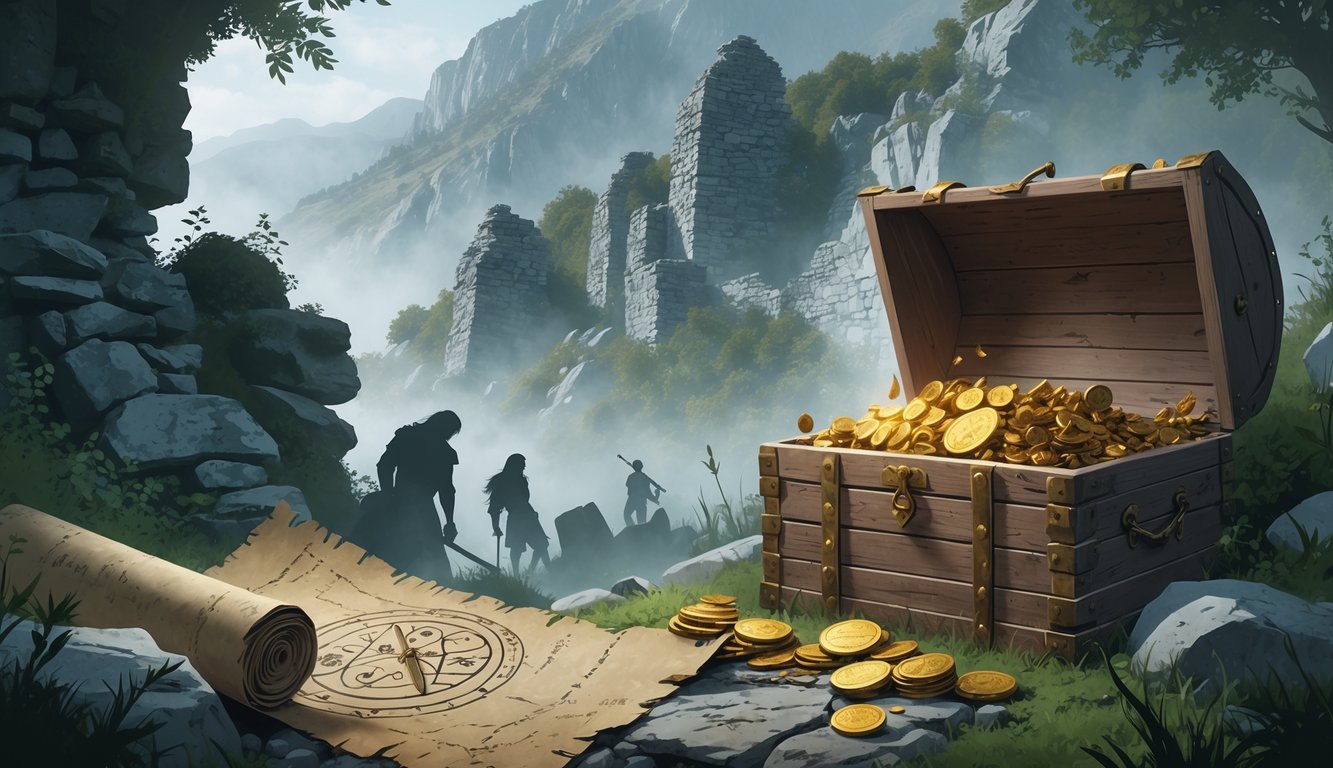 A mountainous landscape with ancient stone ruins, a partially open treasure chest showing golden artifacts, and a mysterious old map on a rock.