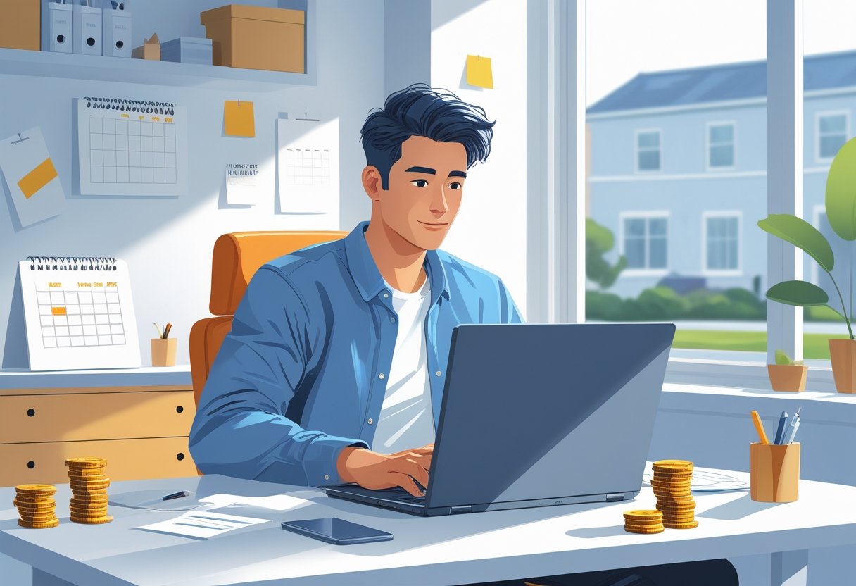 A young adult using a laptop at a desk in a bright home office with financial symbols around, focused on applying for a loan.