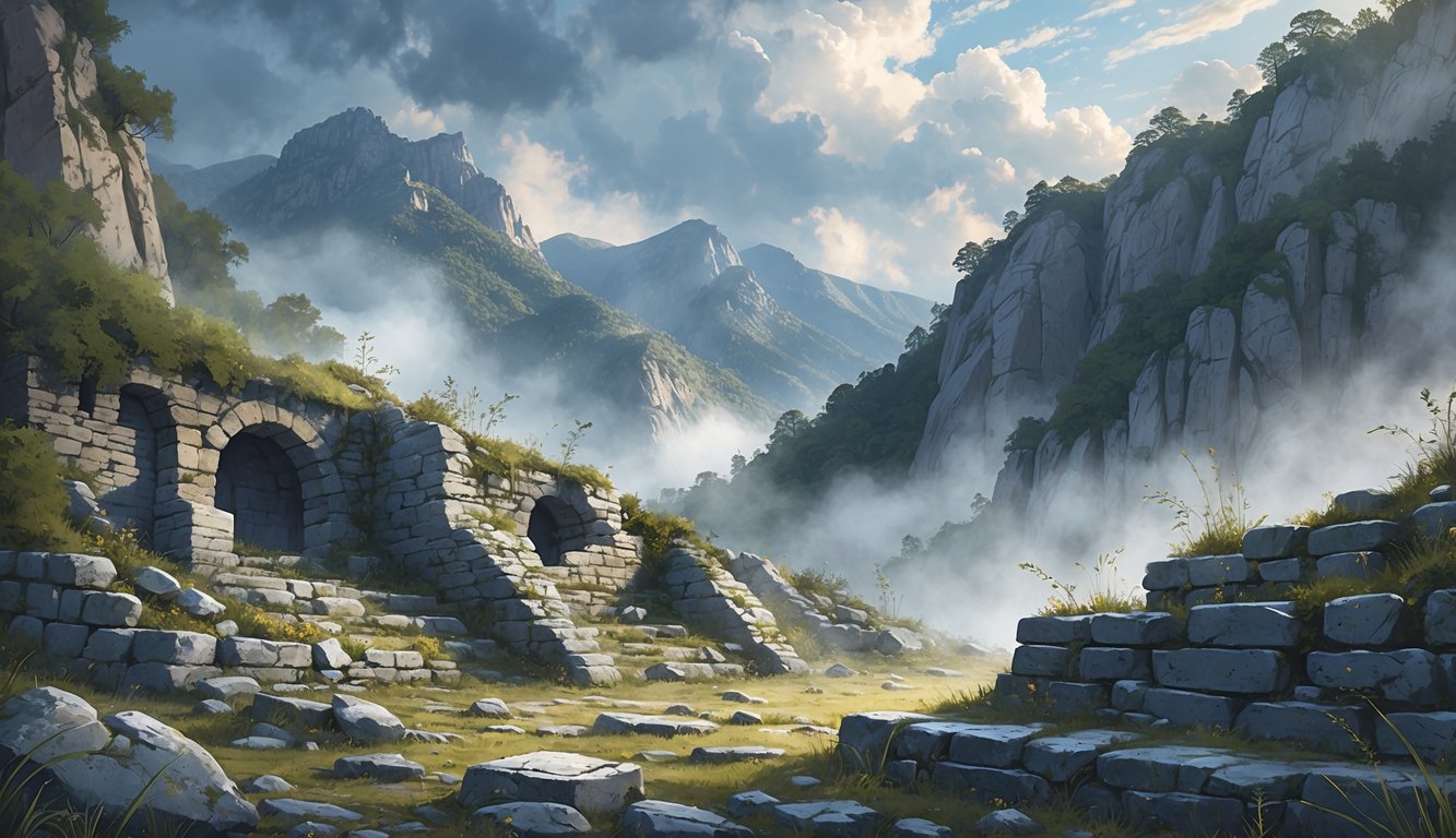 A misty mountain landscape in Andorra with ancient stone ruins and scattered artifacts surrounded by forest.