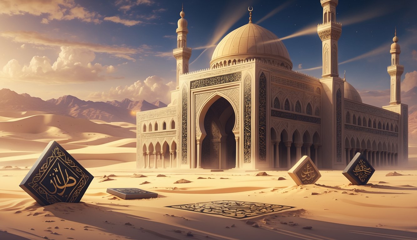 An ancient mosque with Islamic architecture in the Algerian desert surrounded by mysterious artifacts and sand dunes.