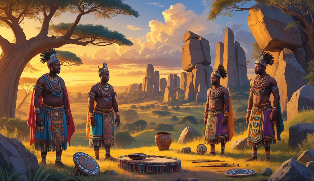 A scene showing traditional Angolan tribal people in colorful ceremonial clothing with ancient rock art and stone structures in a lush landscape at sunset.