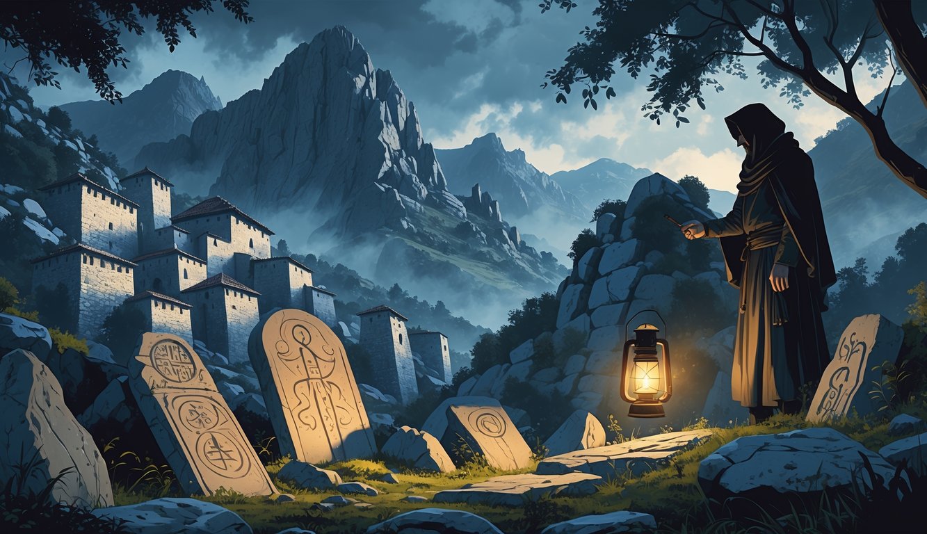 A mountain village in Andorra with ancient artifacts and a person examining them by lantern light among misty peaks.