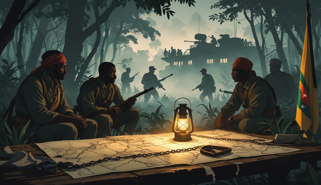 A group of freedom fighters in a dense jungle near colonial buildings, with maps and broken chains on a table, symbolizing secret struggles for Angola's independence.
