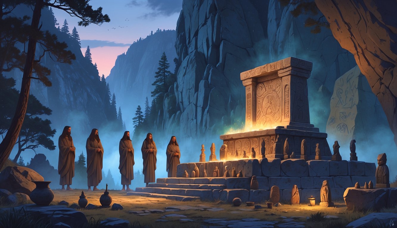 A group of robed figures gathered around a stone altar in a mountainous forest landscape with ancient carvings and ritual artifacts nearby.