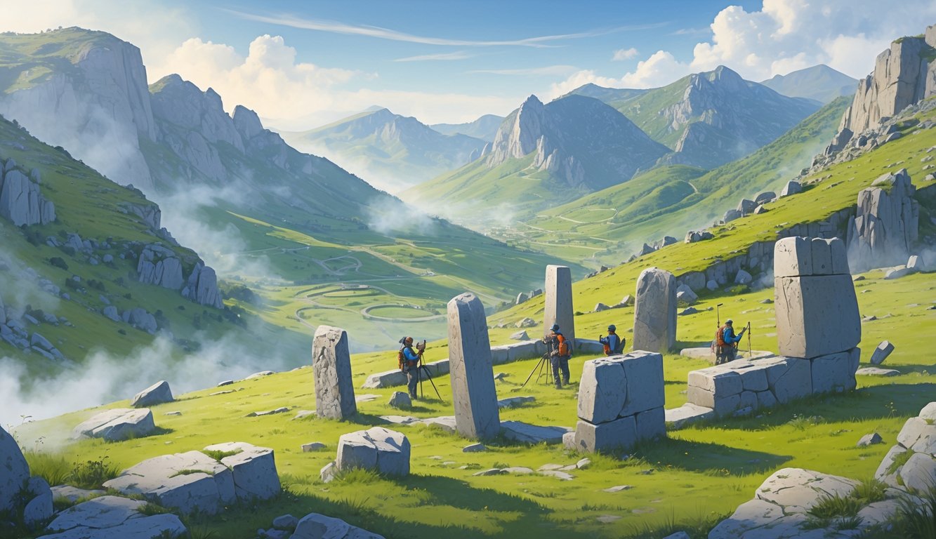 A mountainous landscape in Andorra with ancient stone ruins and archaeologists examining the mysterious structures.
