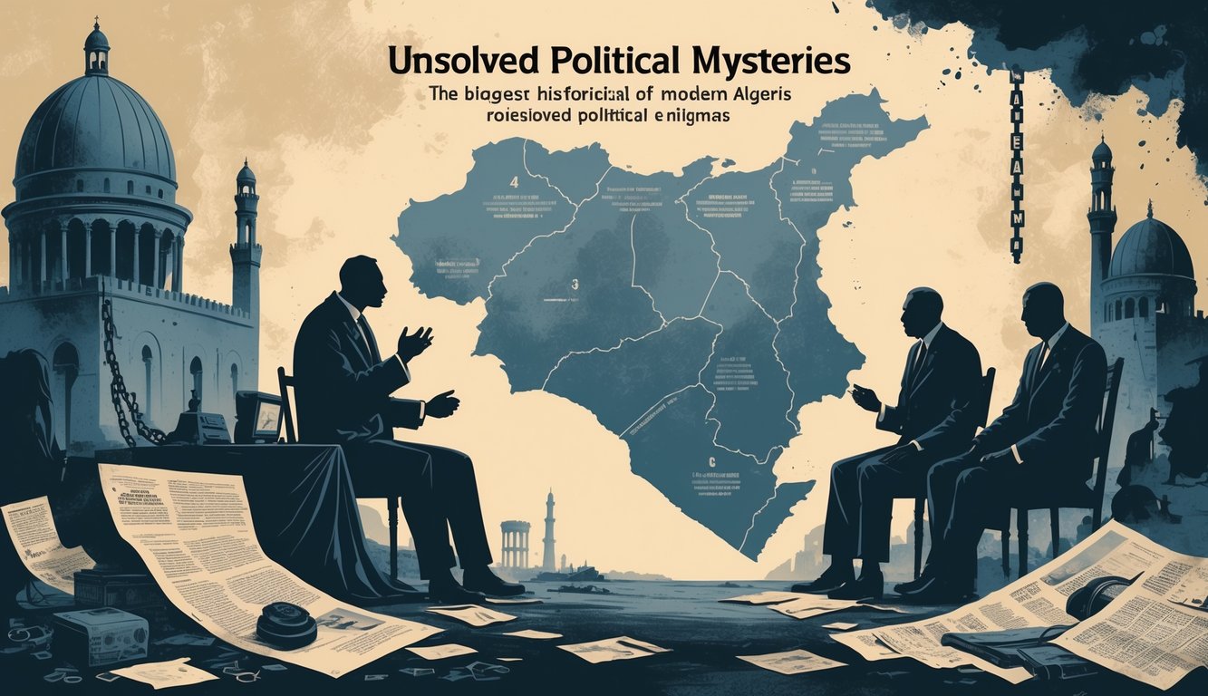 A symbolic scene showing shadowy figures and historical landmarks of Algeria with scattered documents and cryptic symbols, representing unsolved political mysteries.