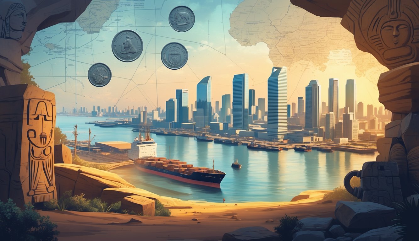 A cityscape of Luanda with modern buildings and ports alongside historical artifacts like rock carvings and traditional masks, symbolizing Angola's economic growth and rich history.