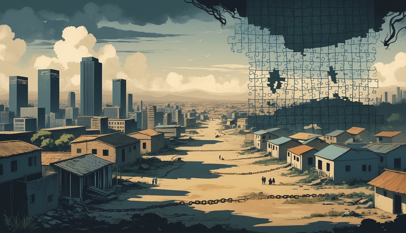 A symbolic scene showing a divided landscape with shadowed city buildings on one side and impoverished communities on the other, separated by a floating, partially solved puzzle representing the mystery of corruption and inequality in Angola.