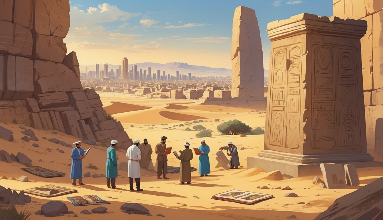A group of historians examining ancient artifacts and ruins in the Algerian desert with a cityscape in the background.