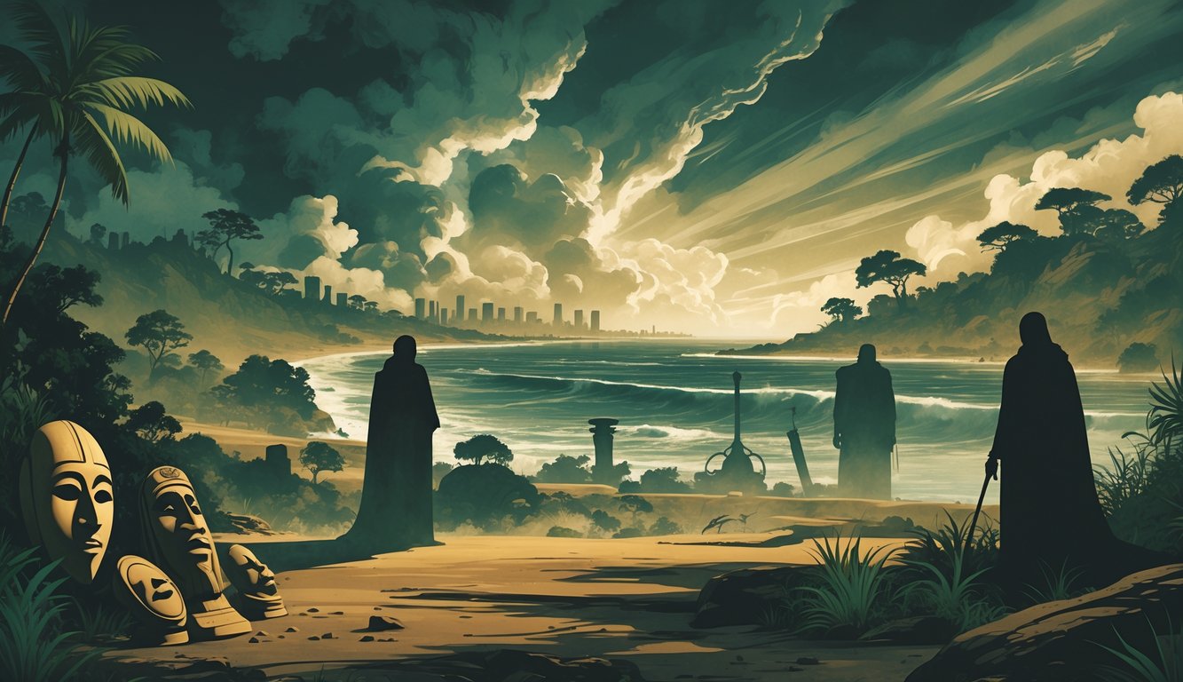 A mysterious landscape of Angola combining forests, savannah, and coastline with shadowy figures near historical artifacts and city silhouettes under a dramatic sky.