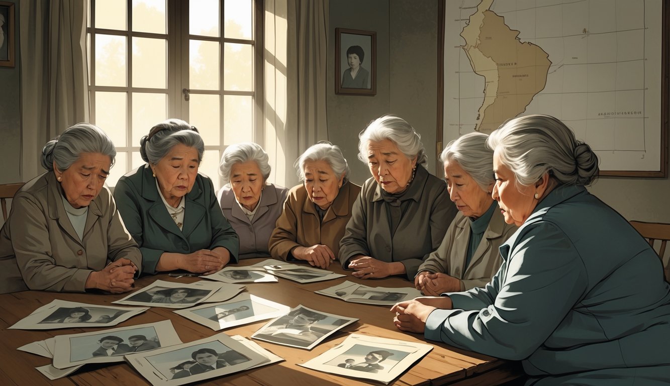 A group of elderly women gathered around a table with photographs and documents, looking hopeful and somber, with a faint map of Argentina in the background.