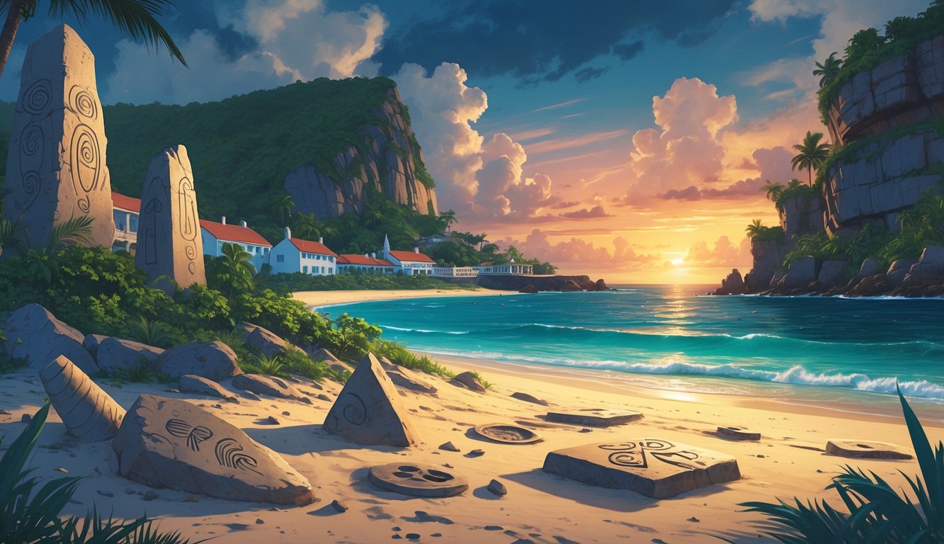 A Caribbean island landscape with ancient rock carvings, historical artifacts on the sand, and tropical vegetation by the sea under a colorful sunset.
