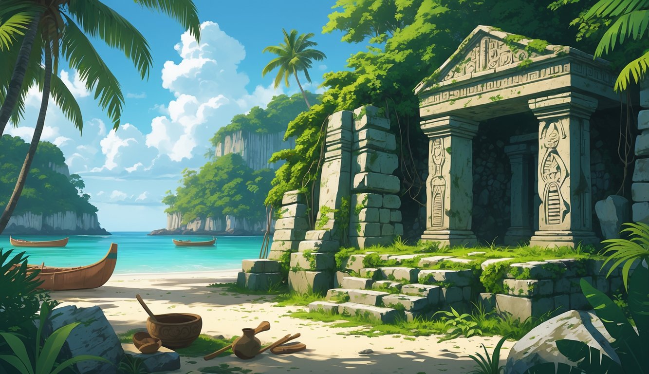 A tropical island with ancient stone ruins surrounded by dense jungle and a calm sea in the background.