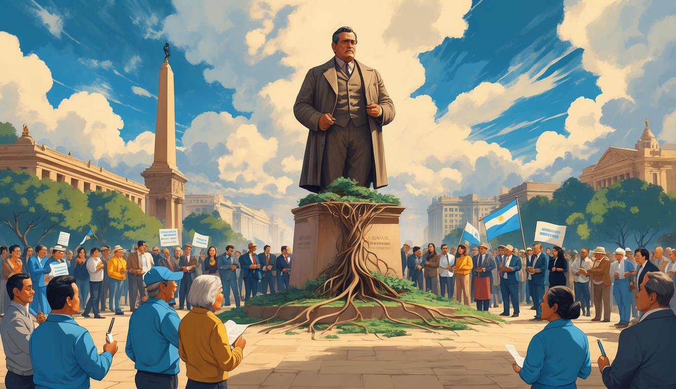 A statue of Juan Domingo Perón surrounded by a diverse crowd of Argentine people with Buenos Aires landmarks in the background, symbolizing Peronism's lasting impact.