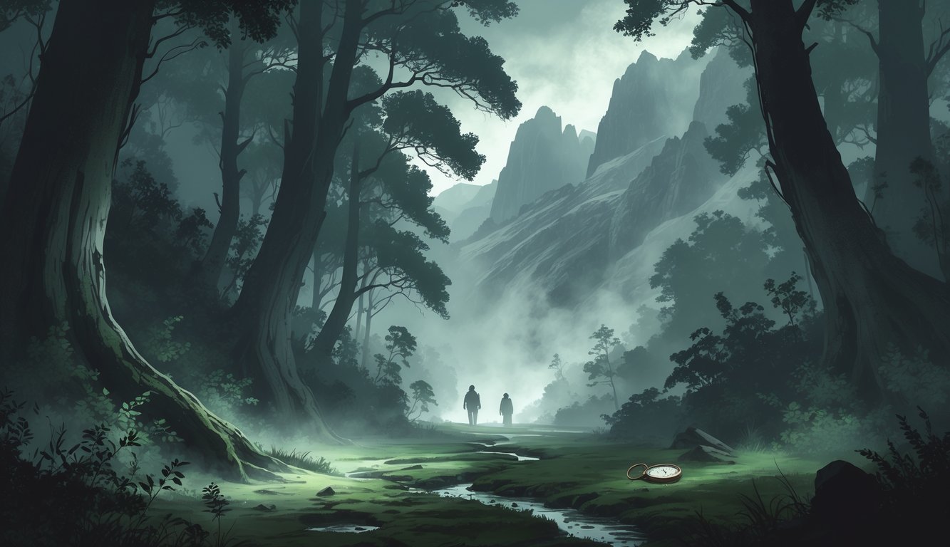 A misty forest in Patagonia with tall trees, foggy pathways, and scattered personal items suggesting mysterious disappearances.
