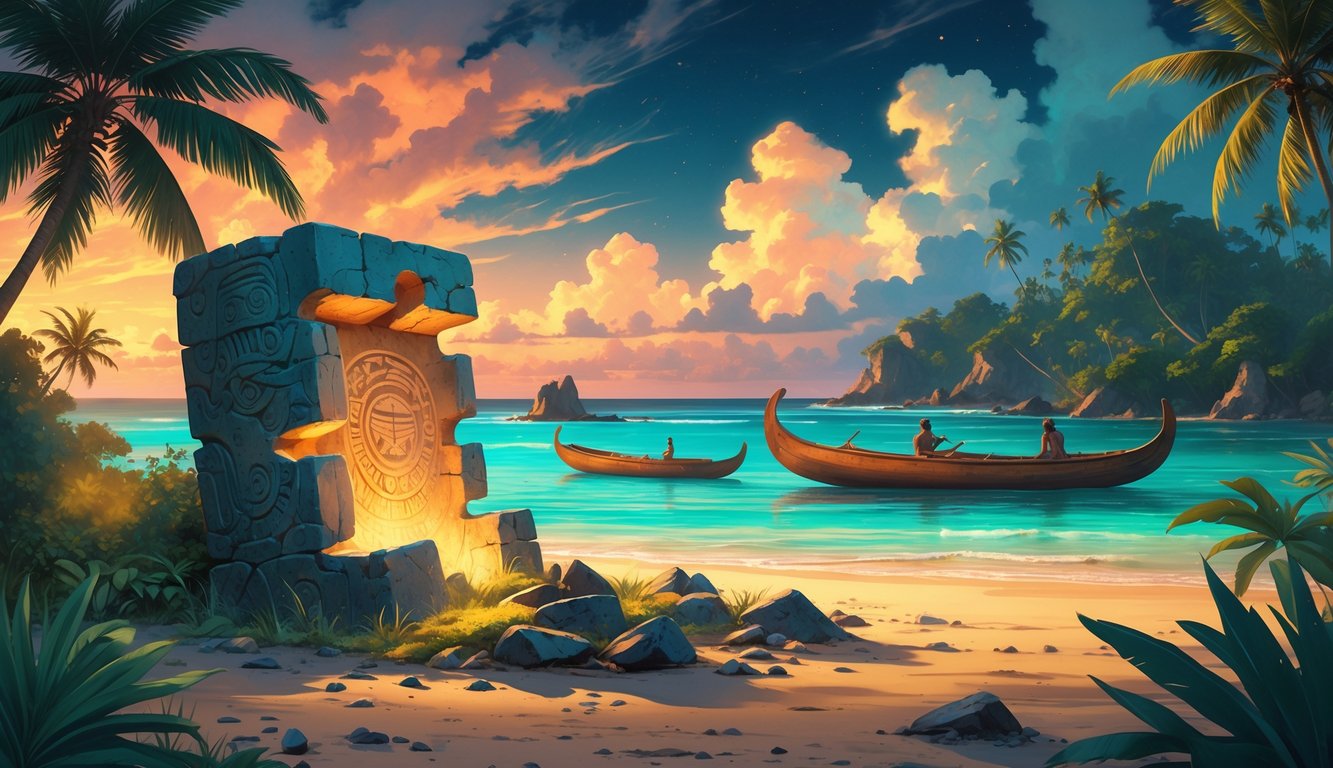 An ancient stone puzzle surrounded by tropical vegetation and traditional canoes on clear blue water, with faint figures of indigenous people and settlers in the background under a sky transitioning from dawn to dusk.