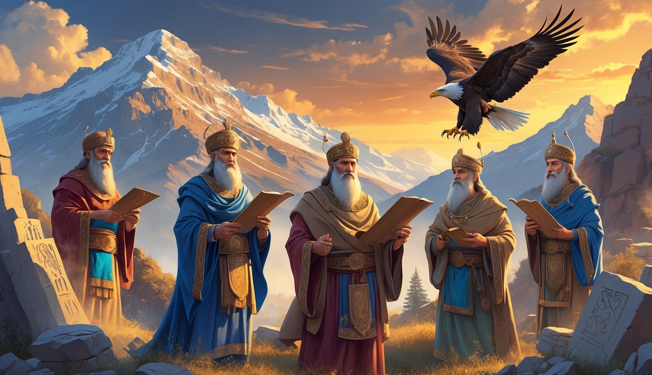 Ancient Armenian patriarchs in traditional robes standing in a mountainous landscape with Mount Ararat in the background, surrounded by symbolic artifacts and a soaring eagle.