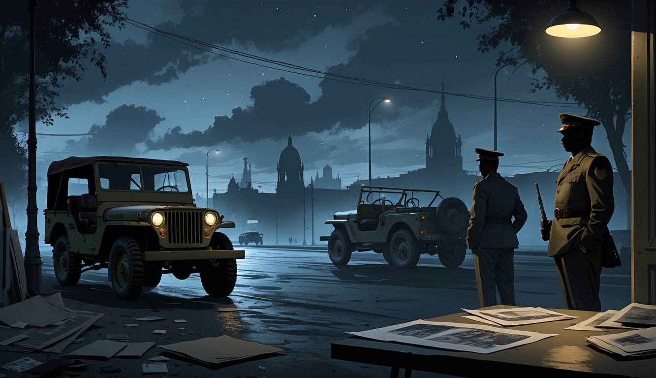 A nighttime street scene with shadowy military figures, a vintage jeep, scattered documents on a table, and Buenos Aires landmarks in the background, evoking a sense of mystery and secrecy.