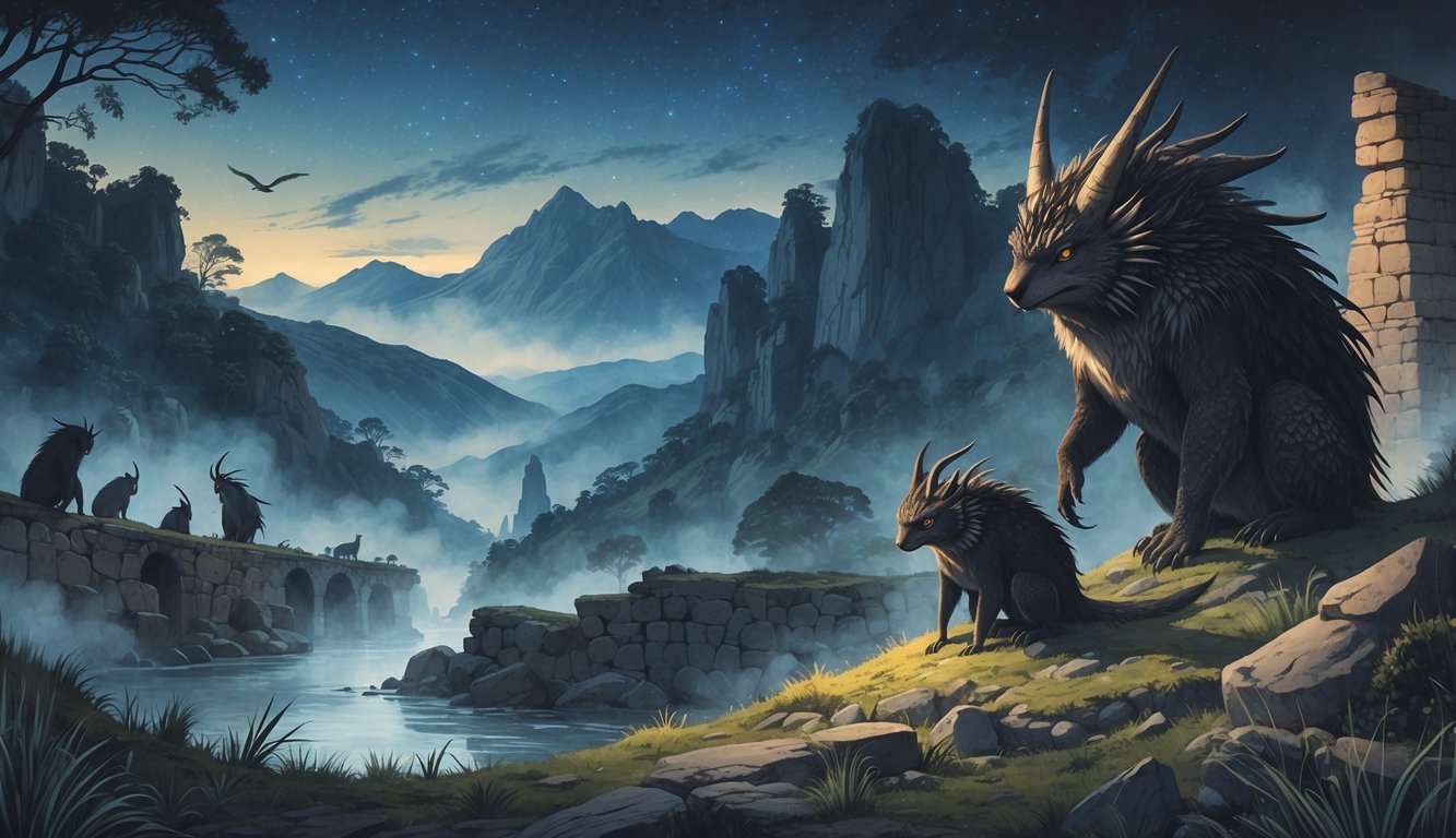 A scene showing rare mythical creatures from Argentina in a misty forest and rocky mountains, surrounded by ancient ruins and twilight skies.