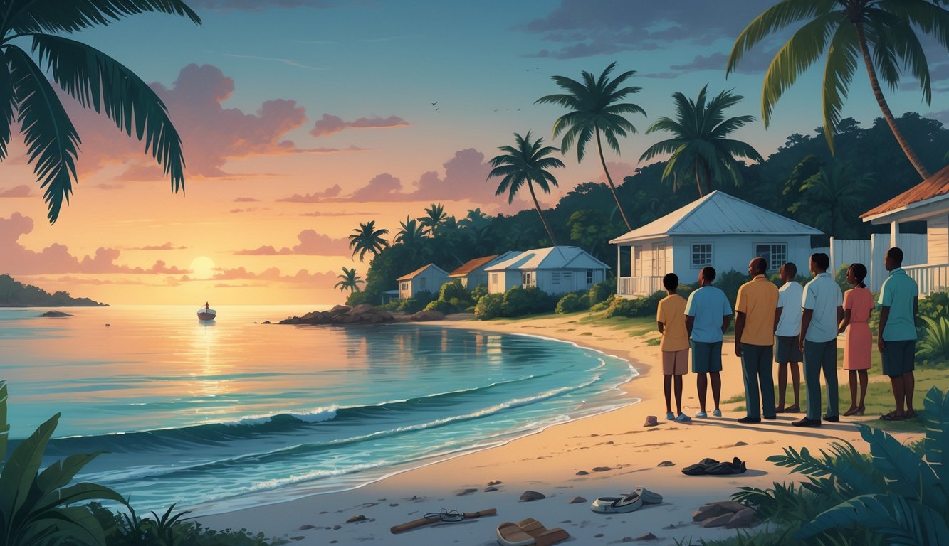 A coastal village in Antigua and Barbuda at dusk with people looking out to sea, a boat sailing away, and personal items on the shore symbolizing missing persons and mysterious disappearances.