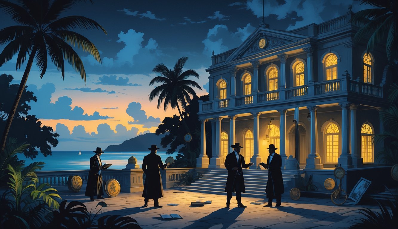 A dimly lit colonial government building in Antigua and Barbuda with shadowy figures exchanging documents, surrounded by tropical plants and the ocean at twilight.
