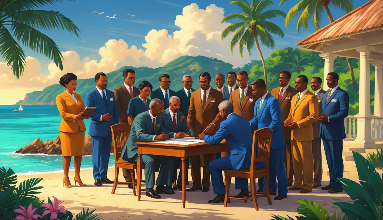 A group of Antiguan and Barbudan people gathered outdoors by the coast, discussing and signing documents representing their quest for independence and self-governance.
