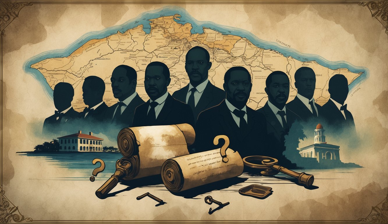 A vintage map of Antigua and Barbuda with shadowy silhouettes of historical leaders and symbolic elements like scrolls, keys, and landmarks suggesting unsolved mysteries.