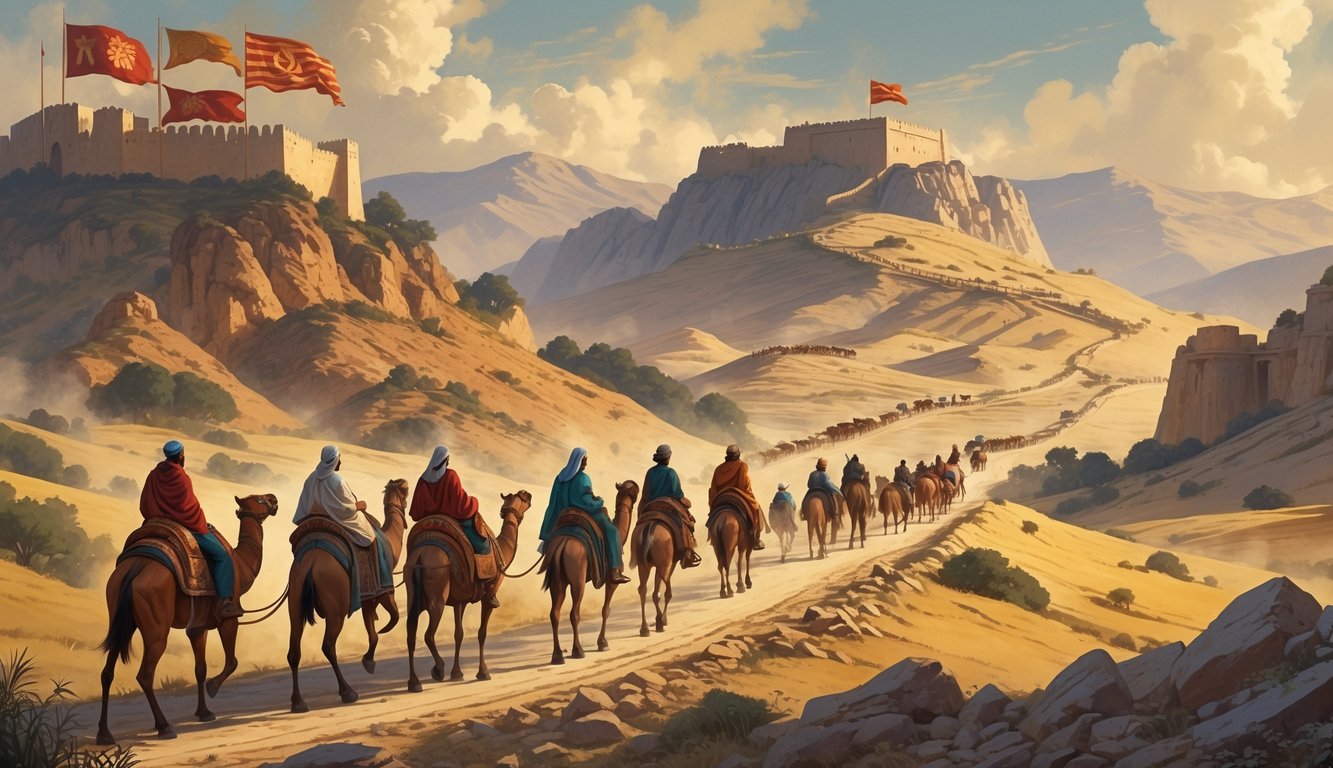 An ancient Armenian landscape showing mountains, a caravan on the Silk Road with traders and animals, and a fortress on a hill representing historical empires.