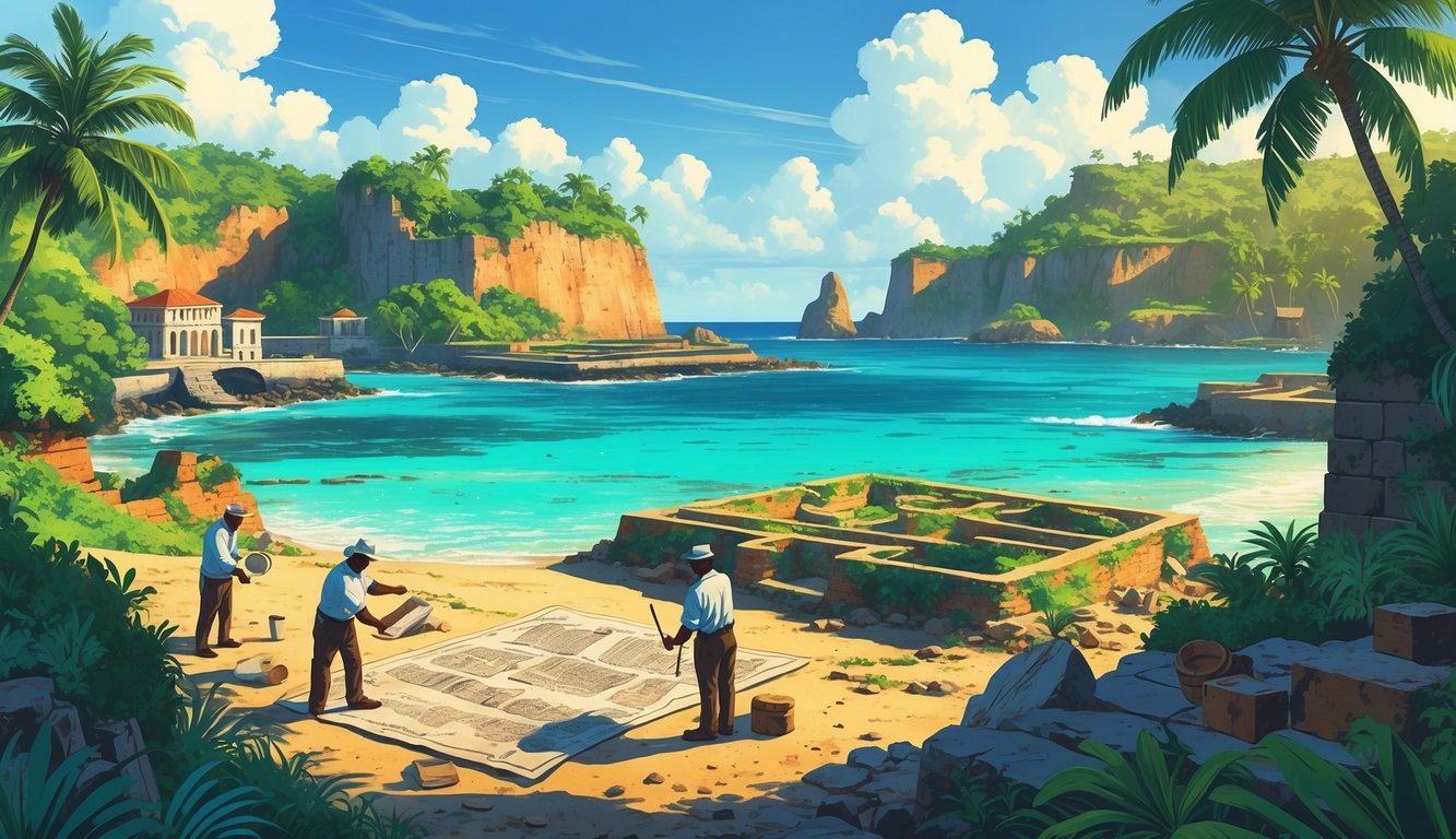 A group of people examining ancient ruins and artifacts on a tropical island with colonial buildings and lush vegetation in the background.