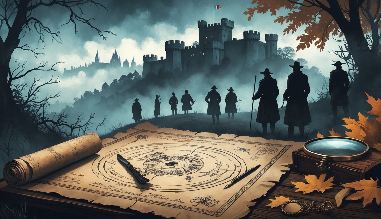 A misty hilltop castle with shadowy figures in historical clothing, an old map with cryptic symbols on a wooden table, and faint outlines of Vienna's skyline and hidden treasure beneath autumn leaves.