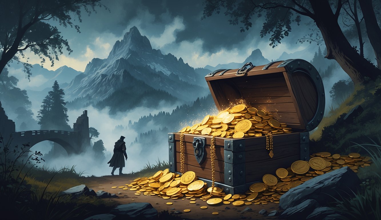 A treasure chest filled with gold and jewels partially hidden in a forest near mountains, with a shadowy figure approaching and ruins visible in the background.