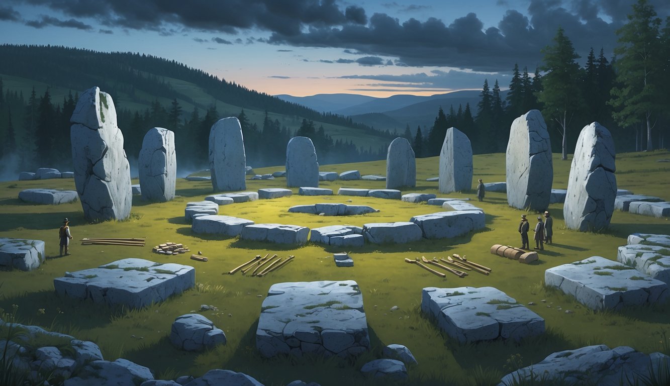 A prehistoric burial site with large stone monuments arranged in a circle on a grassy hill, surrounded by misty forests and hills, with archaeologists examining ancient artifacts nearby.