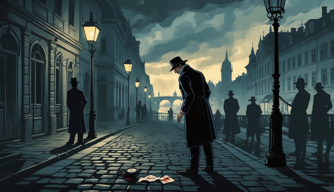 A dark, foggy street in historic Vienna with a detective examining clues near old buildings and shadowy figures in the background.