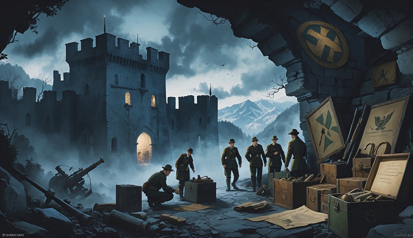 Explorers uncover a hidden underground chamber beneath an Austrian castle, surrounded by old crates, maps, and World War II artifacts, with mountains in the background.