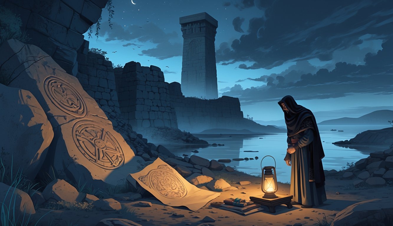 An ancient archaeological site in Azerbaijan with stone carvings, the Maiden Tower in the background, a person examining artifacts, and the Caspian Sea with submerged ruins.