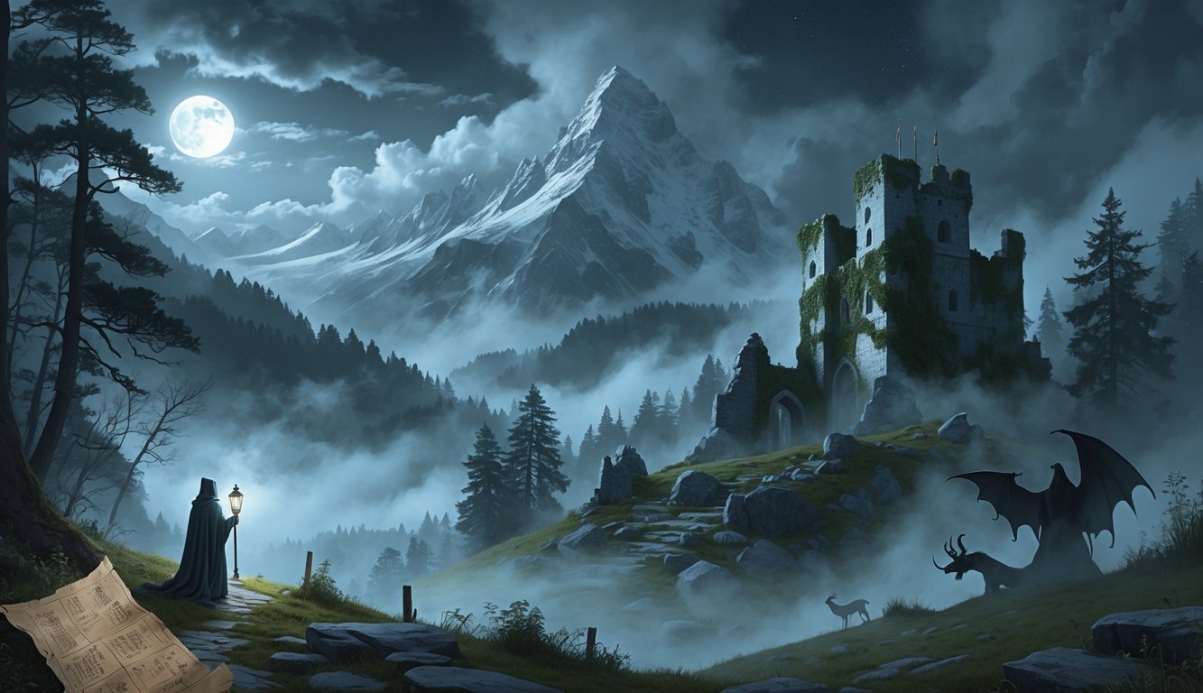 A misty alpine landscape with ancient castle ruins, a cloaked figure holding a lantern, and faint ghostly shapes of mythical creatures in the fog.