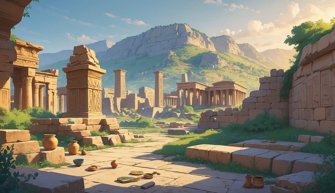 Panoramic view of ancient stone ruins and temples surrounded by greenery with mountains in the background.