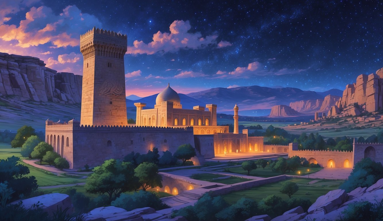 A panoramic view of Azerbaijan's historic landmarks including the Maiden Tower, Palace of the Shirvanshahs, and Gobustan rock art under a twilight sky, with subtle hints of ancient stories and mysteries.